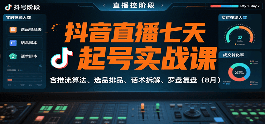 抖音直播七天起号实战课：含推流算法、选品排品、话术拆解、罗盘复盘(8月)-副业宝典
