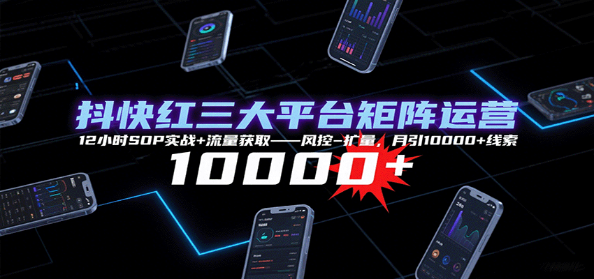 抖快红三大平台矩阵运营，12小时SOP实战+流量获取-风控-扩量，月引10000+线索-副业宝典