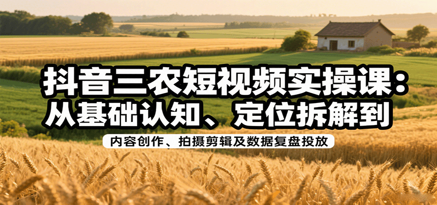抖音三农短视频实操课：从基础认知、定位拆解到内容创作、拍摄剪辑及数据复盘投放-副业宝典