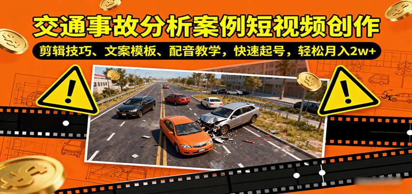 交通事故分析案例短视频创作，剪辑技巧、文案模板、配音教学，快速起号，轻松月入2w+-副业宝典