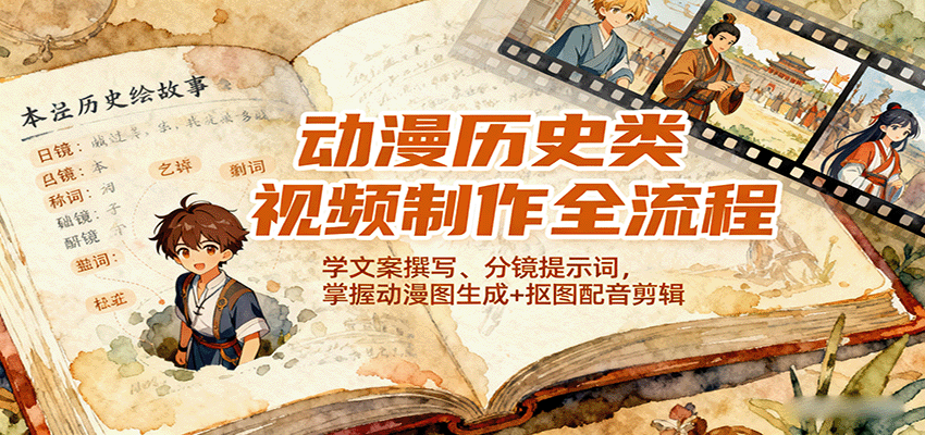 动漫历史类视频制作全流程，学文案撰写、分镜提示词，掌握动漫图生成+抠图配音剪辑-副业宝典