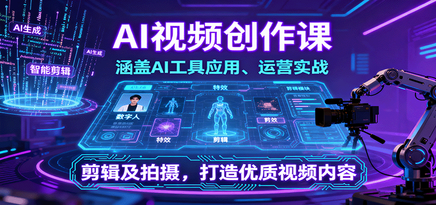 AI视频创作课，涵盖AI工具应用、运营实战、剪辑及拍摄，打造优质视频内容-副业宝典