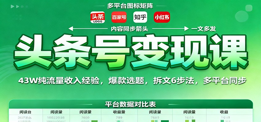 头条号变现课：43W纯流量收入经验，爆款选题，拆文6步法，多平台同步-副业宝典