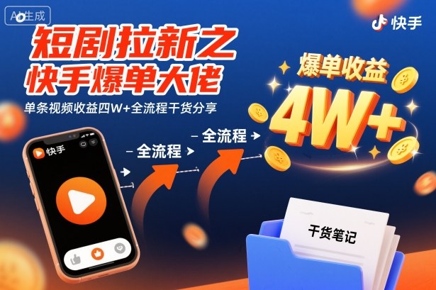 短剧拉新之快手爆单大佬单条视频收益四W+全流程干货分享-副业宝典