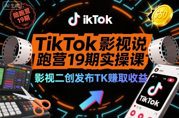 TikTok影视解说陪跑营19期实操课，影视二创发布TK賺取收益，万播收益50美金-副业宝典
