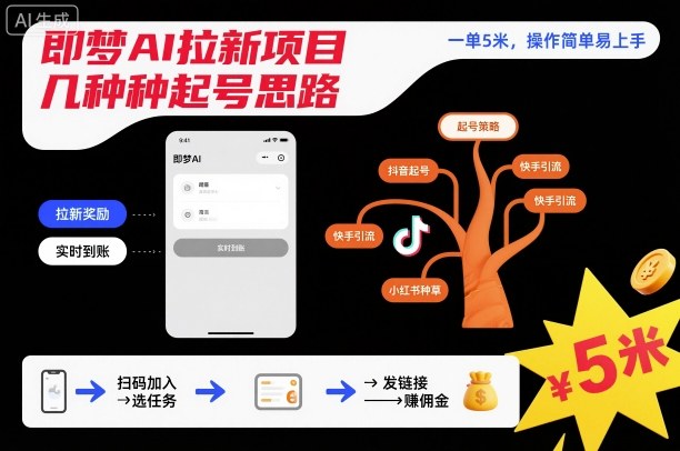 即梦AI拉新项目几种起号思路，一单5米，操作简单易上手-副业宝典