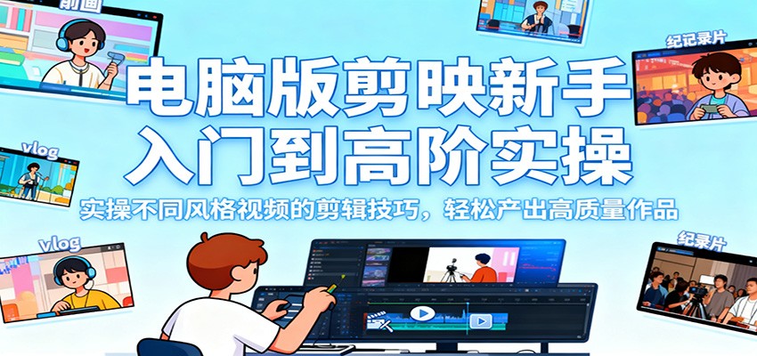 电脑版剪映新手入门到高阶实操，实操不同风格视频的剪辑技巧，轻松产出高质量作品-副业宝典