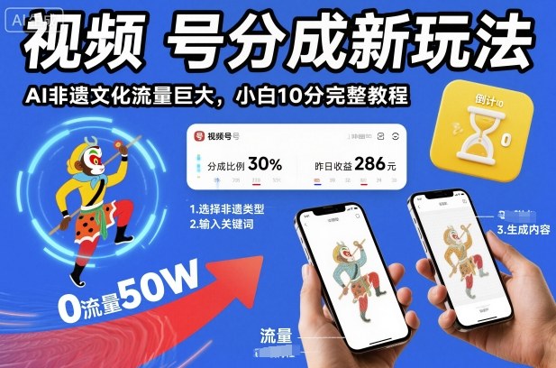 视频号分成新玩法，AI非遗文化流量巨大，小白10分钟搞定，完整教程-副业宝典