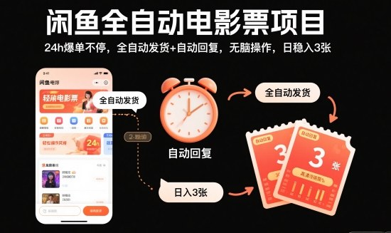 闲鱼全自动电影票项目，24h爆单不停，全自动发货+自动回复，无脑操作，日稳入3张【揭秘】-副业宝典
