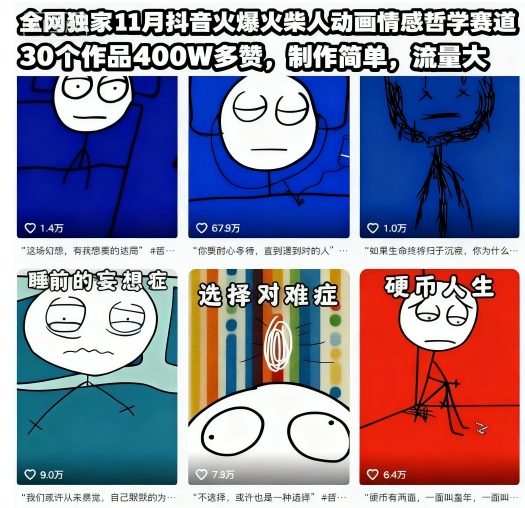 全网独家11月抖音火爆火柴人动画情感哲学赛道，30个作品400W多赞，制作简单，流量大【教学+素材】-副业宝典