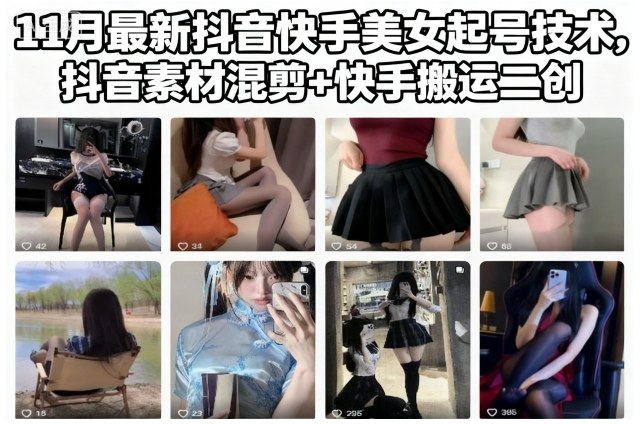 11月最新抖音快手美女起号技术，抖音素材混剪+快手搬运二创-副业宝典
