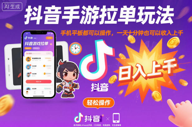 抖音手游拉单玩法，手机平板都可以操作，一天十分钟也可以收入上K【揭秘】-副业宝典
