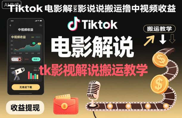 Tiktok电影解说搬运撸中视频收益，tk影视解说搬运教学-副业宝典