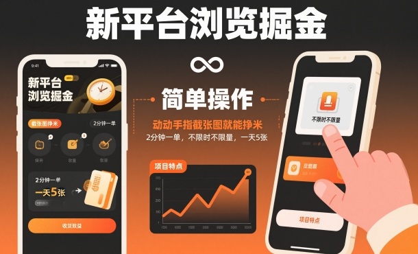 新平台浏览掘金，动动手指截张图就能挣米，2分钟一单，不限时不限量，一天5张【揭秘】-副业宝典