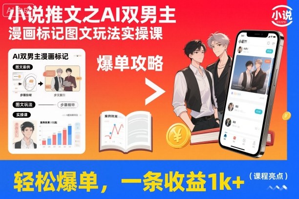 小说推文之AI双男主漫画标记图文玩法实操课，轻松爆单，一条收益1k+-副业宝典