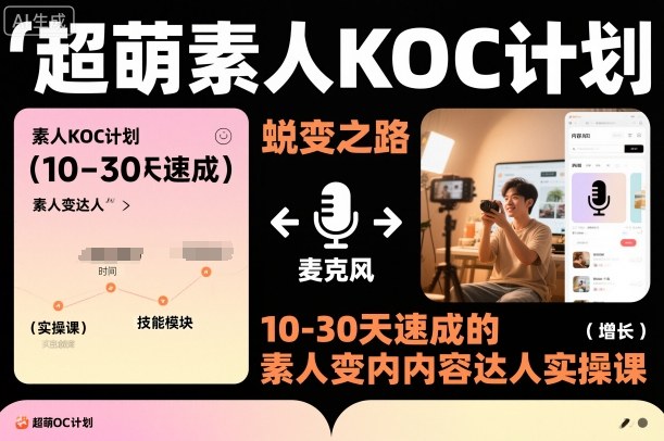 超萌素人KOC计划，10-30天速成的素人变内容达人实操课，适合想做短剧小说推文电商推广的素人入局-副业宝典