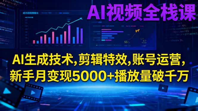 AI视频全栈课:AI生成技术,剪辑特效,账号运营,新手月变现5000+播放量破千万-副业宝典