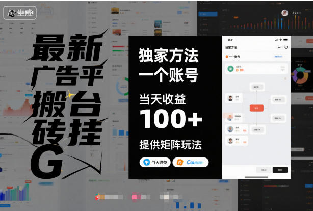 最新广告平台搬砖挂G，独家方法，一个账号，当天收益100+，提供矩阵玩法【揭秘】-副业宝典