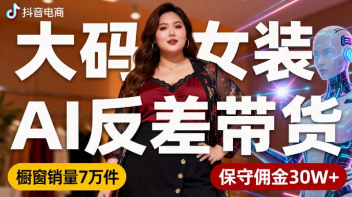 抖音小众赛道，大码女装AI反差带货，不用直播，每天6条作品，橱窗卖7万件，保守佣金30W+-副业宝典