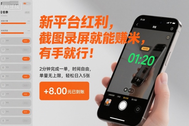 新平台红利，截图录屏就能賺米，有手就行！2分钟完成一单，时间自由，单量无上限，轻松日入5张【揭秘】-副业宝典