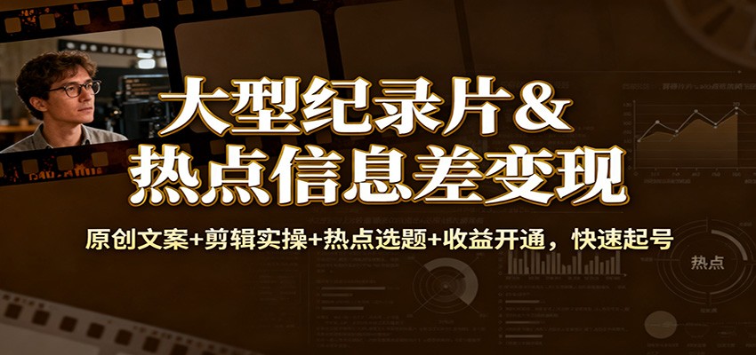 大型纪录片&热点信息差变现：原创文案+剪辑实操+热点选题+收益开通，快速起号-副业宝典