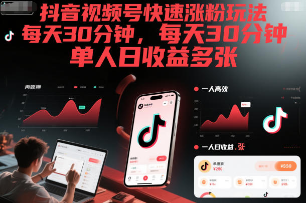 抖音视频号快速涨粉玩法，每天30分钟，单人日收益多张-副业宝典