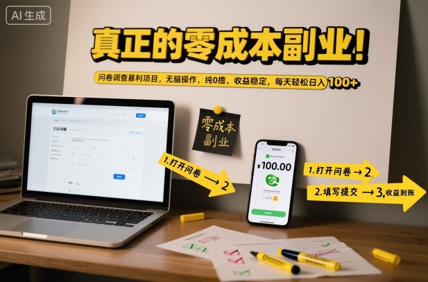 真正的零成本副业！问卷调查暴利项目，无脑操作，纯0撸，收益稳定，每天轻松日入100+【揭秘】-副业宝典