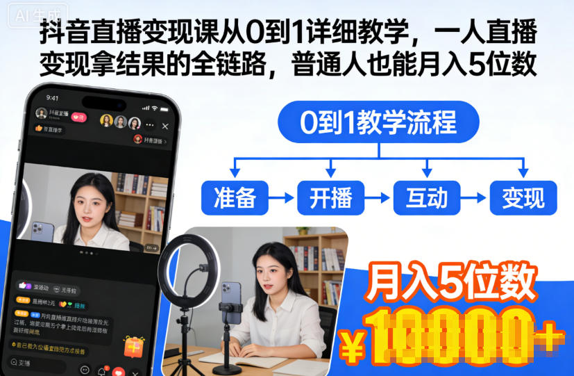 抖音直播变现课从0到1详细教学，一人直播变现拿结果的全链路，普通人也能月入5位数-副业宝典