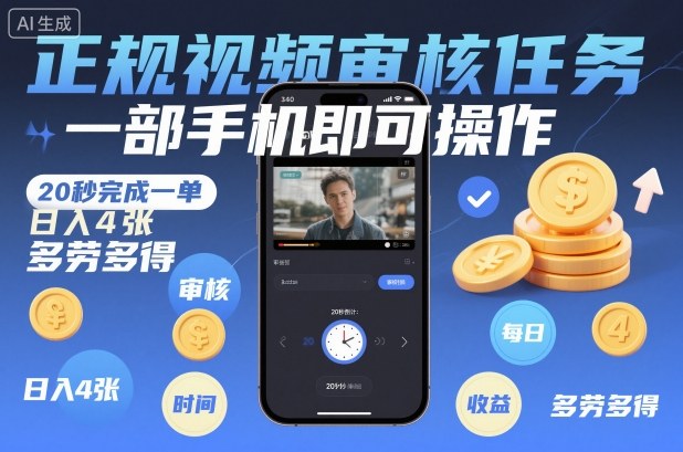 正规视频审核任务，一部手机即可操作，20秒完成一单，日入4张，多劳多得【揭秘】-副业宝典