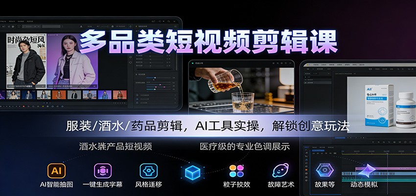 多品类短视频剪辑课：服装/酒水/药品剪辑，AI工具实操，解锁创意玩法-副业宝典