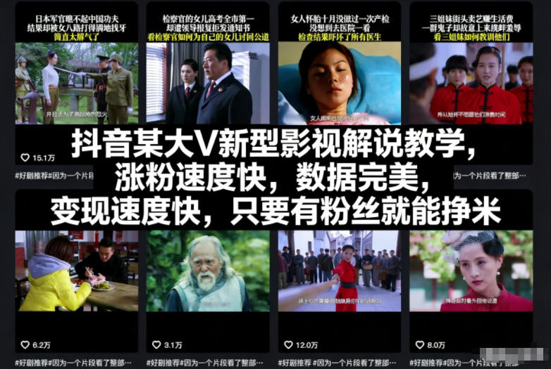 抖音某大V新型影视解说教学，涨粉速度快，数据完美，变现速度快，只要有粉丝就能挣米-副业宝典