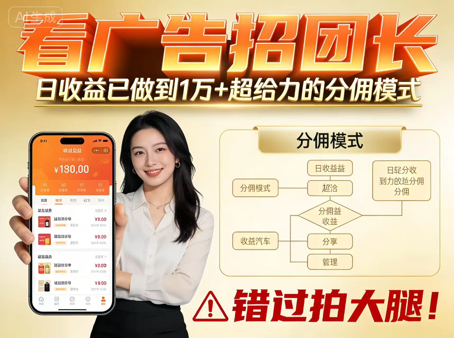 看广告招团长，团队收益已做到日入1万，分佣模式超给力，错过拍大腿-副业宝典
