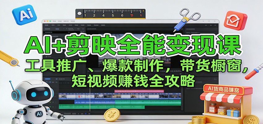 AI+剪映全能变现课：工具推广、爆款制作、带货橱窗，短视频赚钱全攻略-副业宝典