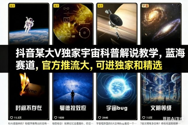 抖音某大V独家宇宙科普解说教学，蓝海赛道，官方推流大，可进独家和精选-副业宝典