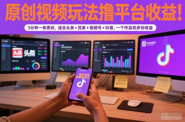 原创视频玩法撸平台收益，3分钟一条原创，适合头条+百家+视频号+抖音，一个作品吃多份收益-副业宝典