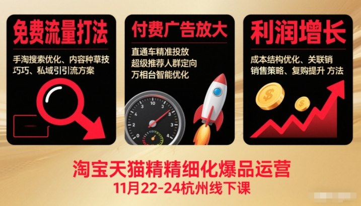淘宝天猫精细化爆品运营11月22-24杭州线下课，免费流量打法+付费广告放大+利润增长(音频+文档)-副业宝典
