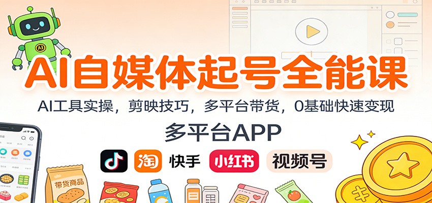 AI自媒体起号全能课：AI工具实操，剪映技巧，多平台带货，0基础快速变现-副业宝典