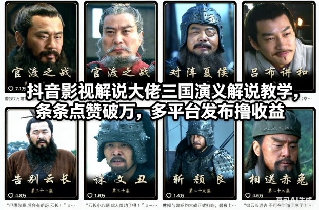 抖音影视解说大佬三国演义解说教学，条条点赞破万，多平台发布撸收益-副业宝典