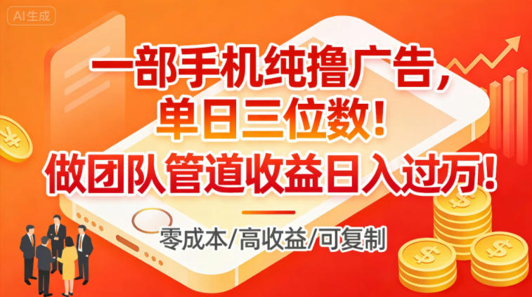 一部手机纯撸广告，单日三位数，做团队管道收益日入过1W-副业宝典