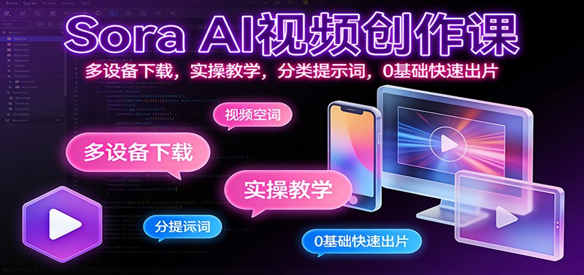 Sora AI视频创作课：多设备下载，实操教学，分类提示词，0基础快速出片-副业宝典