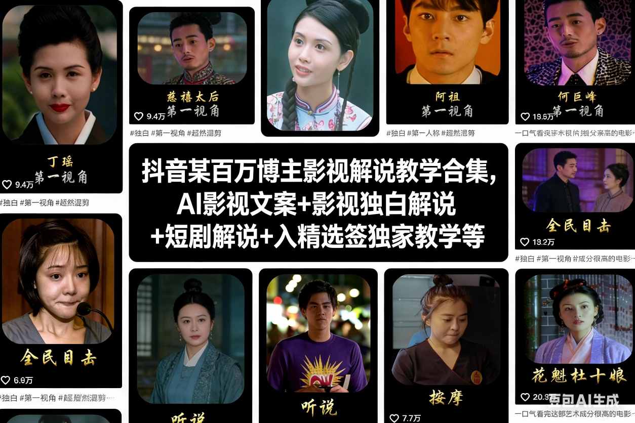 抖音某百万博主影视解说教学合集，AI影视文案+影视独白解说+短剧解说+入精选签独家教学等-副业宝典