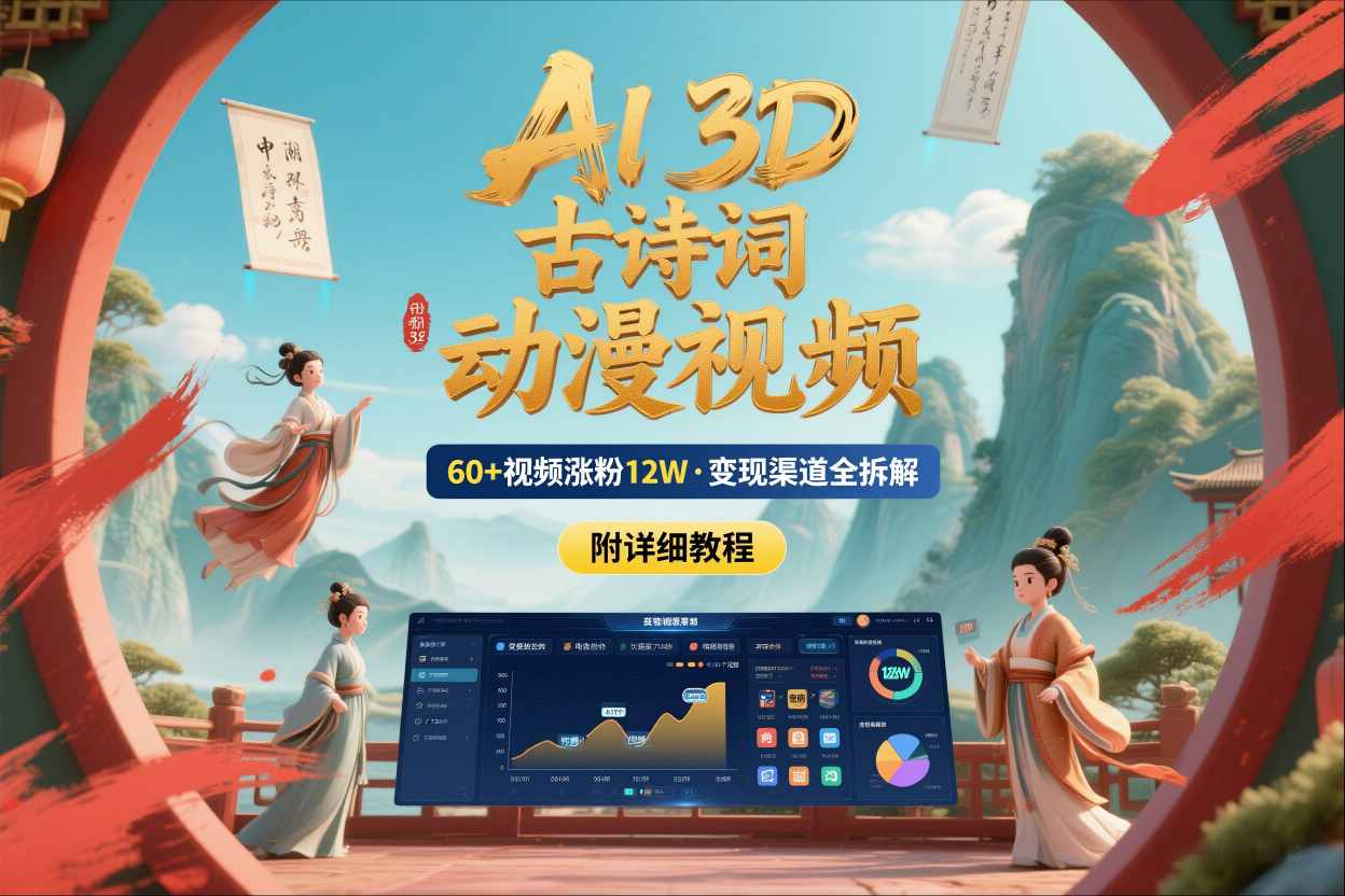 AI制作3D古诗词动漫视频，60多个视频涨粉12W，多个变现渠道拆解【附详细教程】-副业宝典