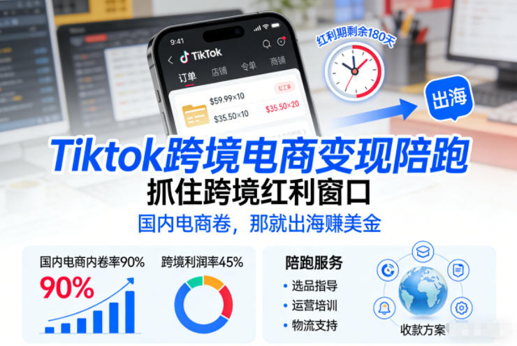 Tiktok跨境电商变现陪跑，抓住跨境红利窗口，国内电商卷，那就出海賺美金-副业宝典