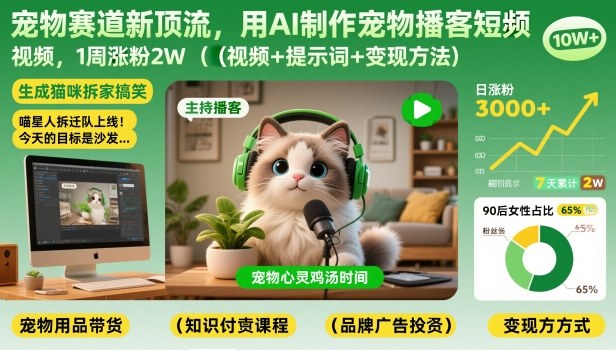 宠物赛道新顶流，用AI制作宠物播客短视频，1周涨粉2W(视频+提示词+变现方法)-副业宝典