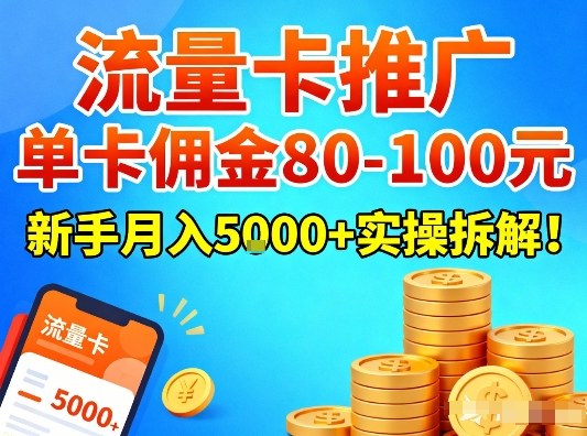 流量卡推广，单卡佣金80-100，新手月入5k+实操拆解！-副业宝典