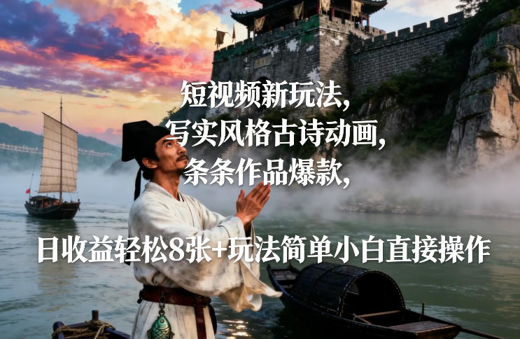 短视频新玩法，写实风格古诗动画，条条作品爆款，日收益轻松8张+玩法简单小白直接操作-副业宝典