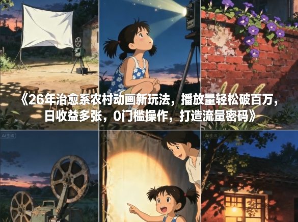 26年治愈系农村动画新玩法，播放量轻松破百万，日收益多张，0门槛操作，打造流量密码-副业宝典
