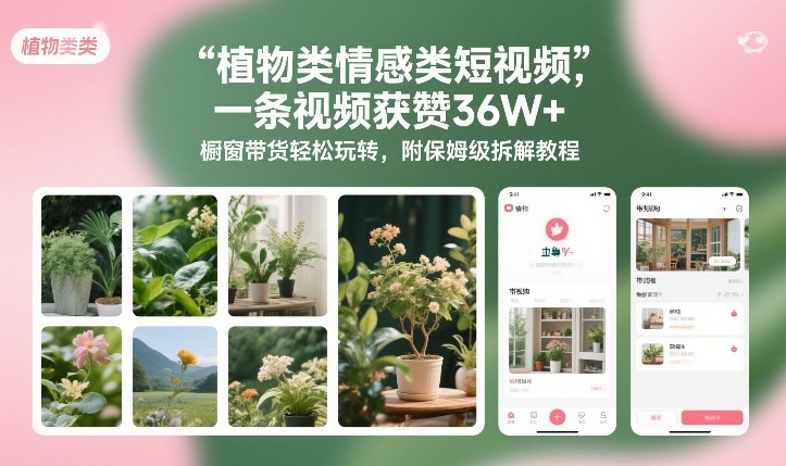 植物类情感类短视频，一条视频获赞36W+，橱窗带货轻松玩转，附保姆级拆解教程-副业宝典