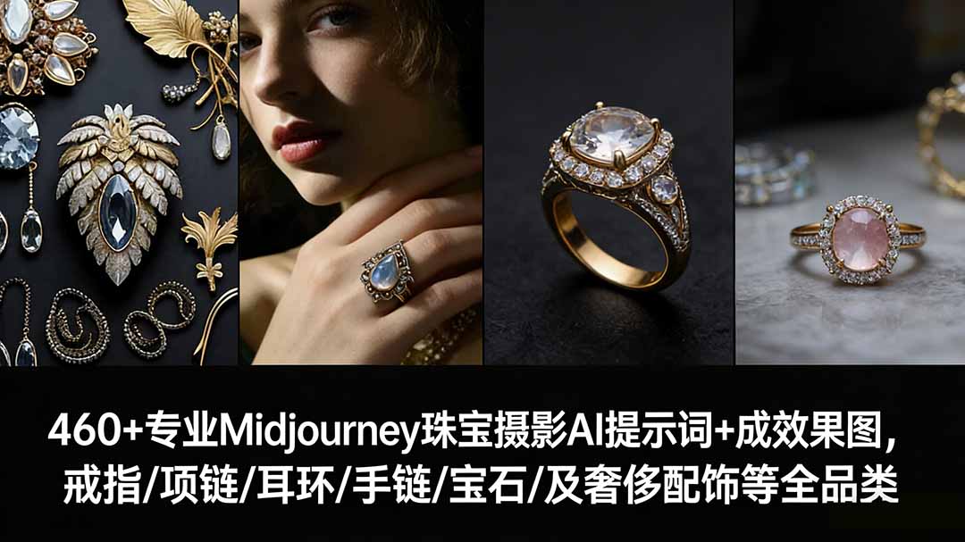 460+专业Midjourney珠宝摄影AI提示词+成效果图，戒指/项链/耳环/手链/宝石/及奢侈配饰等全品类-副业宝典