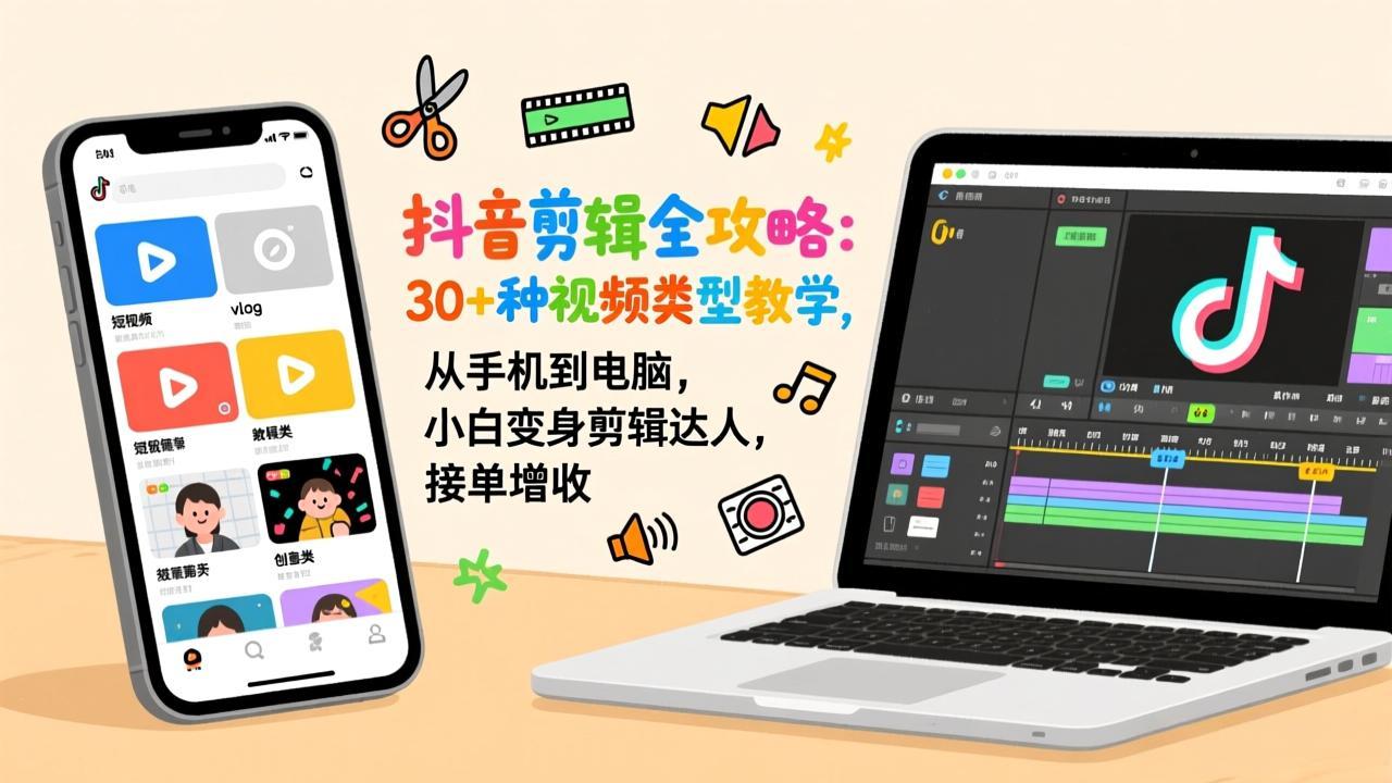 抖音剪辑全攻略：30+种视频类型教学，从手机到电脑，小白变身剪辑达人，接单增收-副业宝典